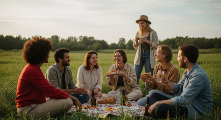 A group of friends enjoying a picnic in a grassy field, sharing food and drinks, with a relaxed and joyful atmosphereの素材