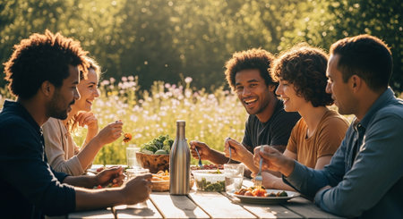 A group of friends enjoying a meal outdoors, sitting at a wooden table surrounded by greenery and flowers, smiling and sharing foodの素材
