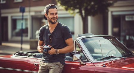 A young man with a camera standing next to a red convertible car, smiling, wearing a casual outfit, in an urban settingの素材