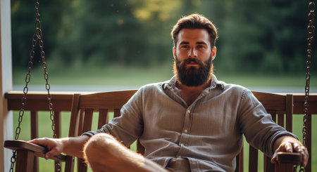 A man with a beard sitting on a wooden swing in a serene outdoor setting, sunlight filtering through trees in the backgroundの素材