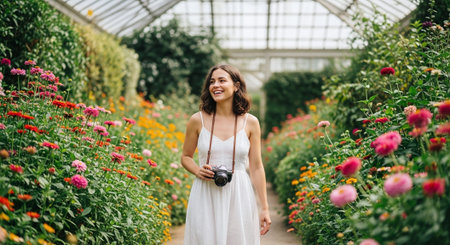 A woman in a white dress walking through a vibrant flower garden, holding a camera, smiling, surrounded by colorful bloomsの素材