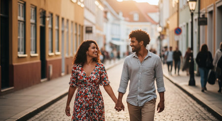A couple walking hand in hand down a cobblestone street, smiling at each other, surrounded by charming buildings and a warm sunset glowの素材