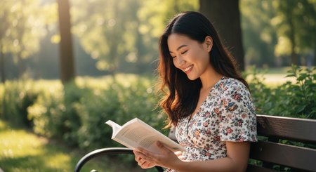A young woman reading a book on a park bench, smiling, surrounded by greenery and sunlightの素材