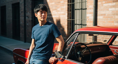A young man in a blue t-shirt leaning against a classic red car, with a brick wall background, showcasing a casual and stylish vibeの素材