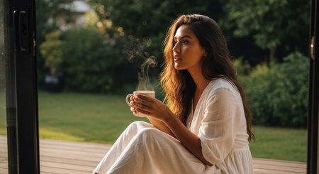 A woman sitting on a wooden deck, holding a steaming cup of coffee, looking contemplative, surrounded by greeneryの素材