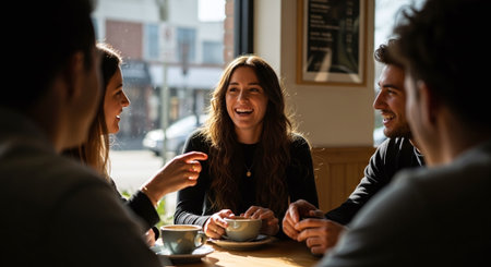 A group of friends enjoying coffee together in a cozy cafÃ©, with sunlight streaming in through the window, creating a warm atmosphereの素材