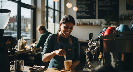 A barista preparing a drink in a cozy coffee shop, sunlight streaming through large windows, warm atmosphereの素材