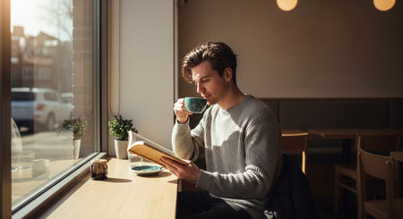 A young man sitting in a cafe, sipping coffee while reading a book, with sunlight streaming through the windowの素材