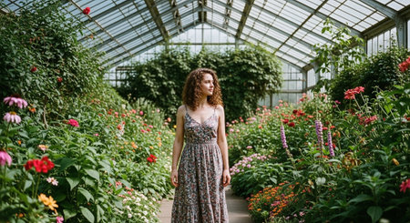 A young woman in a floral dress standing in a vibrant greenhouse filled with colorful flowersの素材