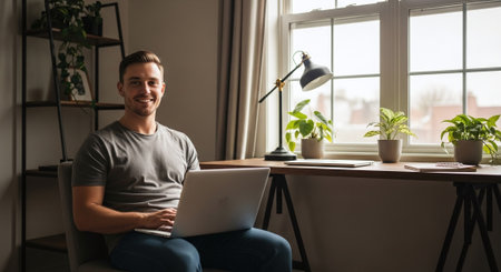 A young man sitting at a desk with a laptop, smiling, in a cozy room with plants and natural lightの素材