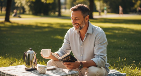 Man enjoying a picnic in the park, reading a book and drinking coffee.の素材