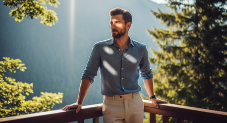 A man standing on a wooden balcony with a scenic mountain view, wearing a light blue shirt and beige trousers, surrounded by lush green trees and sunlightの素材