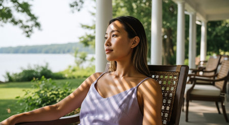 A woman sitting on a porch, enjoying a serene view of a lake, sunlight casting shadows on her face, relaxed atmosphereの素材