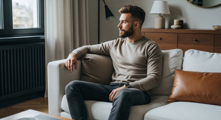A young man sitting on a modern sofa in a stylish living room, looking thoughtfully out the window, with natural light illuminating the spaceの素材