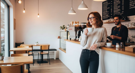 A woman in a cozy coffee shop holding a cup, smiling, with a barista in the backgroundの素材