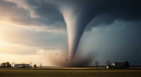 A powerful tornado forming in a rural landscape, with dark storm clouds and debris swirling around, near farmhousesの素材