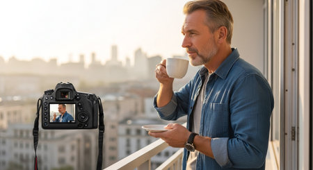 A man enjoying a cup of coffee on a balcony with a city skyline in the background, a camera on the railing capturing the momentの素材