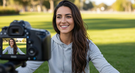 A young woman smiling while being photographed in a park, wearing a gray hoodie, with a camera in front capturing her imageの素材