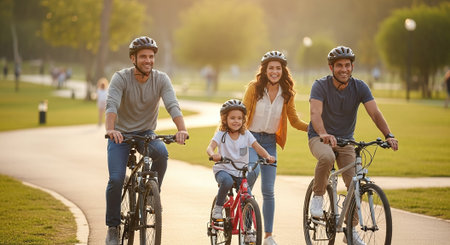A family riding bicycles in a park during sunset, smiling and enjoying their time togetherの素材