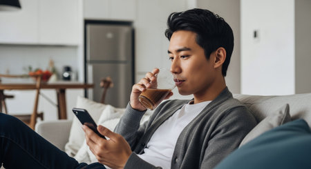 A young man sitting on a couch, sipping coffee while using a smartphone, modern living room settingの素材