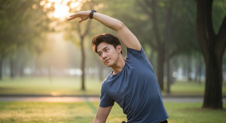 A young man stretching in a park during sunrise, surrounded by trees and soft sunlightの素材
