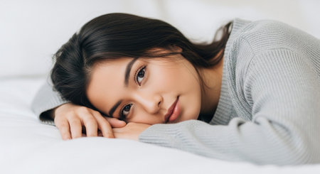 A young woman lying on a bed, looking thoughtfully at the camera, with soft lighting and a cozy atmosphereの素材