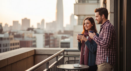 A couple enjoying coffee on a balcony with a city skyline in the background during sunsetの素材