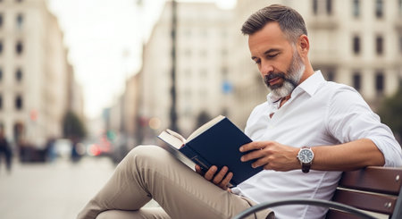 A man reading a book on a bench in an urban setting, wearing a white shirt and beige pants, with a thoughtful expressionの素材
