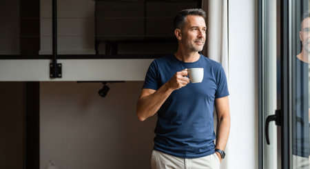 A man standing by a window holding a cup, looking thoughtfully outside, wearing a navy blue t-shirt and light-colored pants, modern interiorの素材