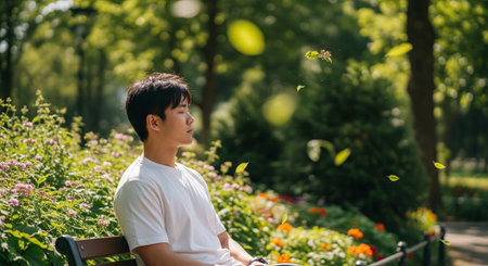 A young man sitting on a bench in a park, surrounded by colorful flowers and greenery, with leaves gently falling around himの素材