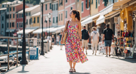 A woman in a colorful floral dress walking along a vibrant street lined with shops and peopleの素材