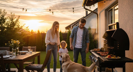A family enjoying a barbecue on a patio during sunset, with a dog nearbyの素材