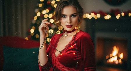 A woman in a red dress holding string lights, festive atmosphere with a Christmas tree and fireplace in the backgroundの素材