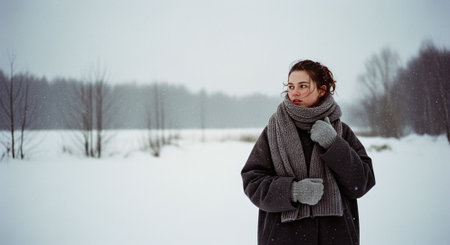 A woman standing in a snowy landscape, wearing a warm coat and scarf, with snowflakes falling around herの素材