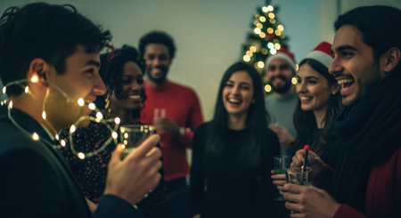 A group of friends celebrating a festive occasion, laughing and enjoying drinks, with holiday decorations in the backgroundの素材