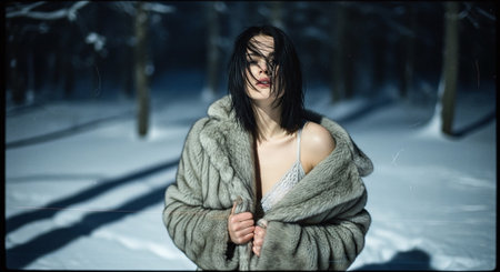 A woman in a fur coat standing in a snowy forest, with her hair blowing in the wind, creating a dramatic and ethereal atmosphereの素材