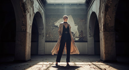 A stylish woman in a long coat stands confidently in an abandoned building, with dramatic lighting highlighting her figure and the surrounding decay.の素材