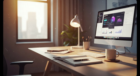 A modern workspace featuring a computer with data analytics on the screen, a desk with a notebook, pen, and a coffee cup, bright natural light coming through a windowの素材