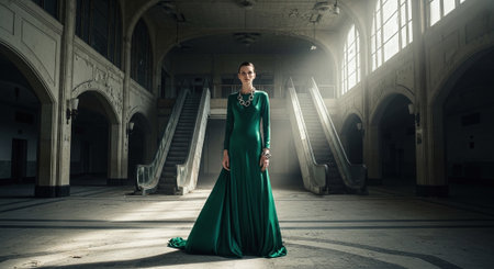 A model in a long green dress stands in an empty, grand hall with escalators, illuminated by soft light from large windowsの素材