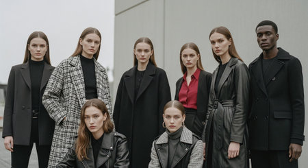 A group of stylish models posing in modern urban attire, showcasing a variety of coats and jackets in a muted color palette, set against a minimalist backdropの素材