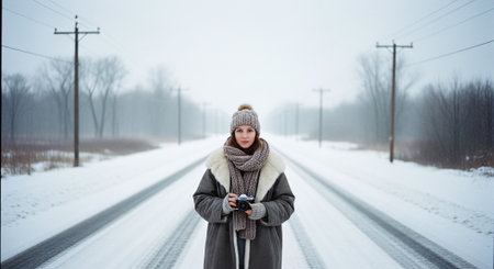 A woman standing on a snowy road, holding a camera, wearing a warm coat and knitted accessories, surrounded by a winter landscapeの素材