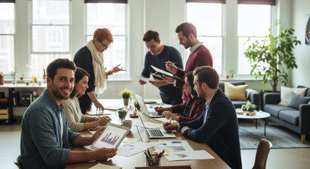 A diverse group of professionals collaborating in a modern office, engaged in discussions and analyzing data on laptops and tablets, with charts and graphs visibleの素材