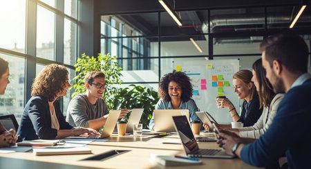 A diverse group of professionals engaged in a collaborative meeting in a modern office setting, with laptops and tablets on the tableの素材