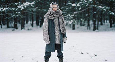 A person standing in a snowy forest, wearing a long coat, thick scarf, and warm clothing, with a serene expression, surrounded by snow-covered treesの素材