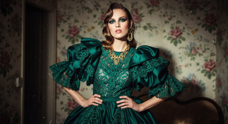 A model wearing an elegant green dress with puffed sleeves and intricate lace details, posing in a vintage floral wallpaper settingの素材