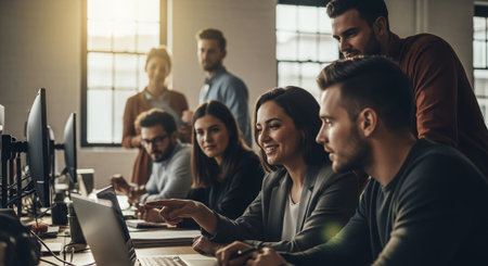 A group of professionals collaborating in a modern office, focused on a laptop, discussing ideas and strategies, with a warm light illuminating the sceneの素材