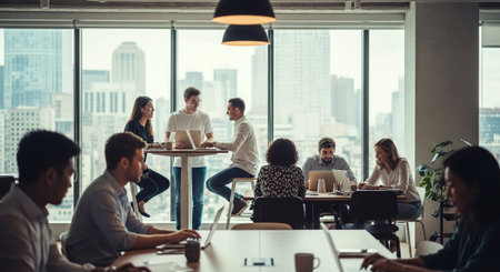 A modern office space with people collaborating and working on laptops, large windows showing a city skyline, casual atmosphereの素材