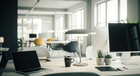 A modern office workspace featuring a laptop, desk lamp, and potted plants, with large windows allowing natural light to fill the roomの素材
