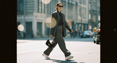 A fashionable woman walking on the street wearing a gray suit and sunglasses, carrying a designer handbag, urban setting with sunlightの素材