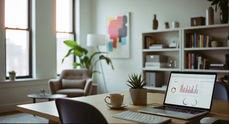 A modern office space featuring a laptop with data charts, a coffee cup, and a potted plant on a wooden table, with a cozy armchair and bookshelves in the backgroundの素材